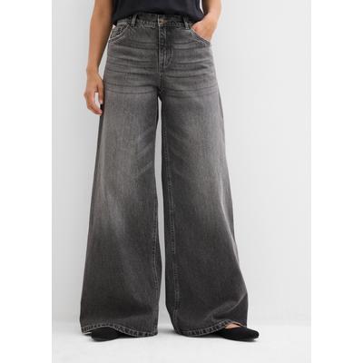 Weite Jeans BONPRIX, Damen, Gr. 40, N-Gr, grau (grau denim used), Obermaterial: 99% Baumwolle, 1% Elasthan, loose fit, Jeans, mit mittlerem Bund, Loose Fit, sehr weite Silhouette