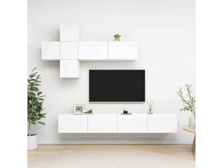 Molumvel TV-Schrank-Set 7-TLG. Wandmontage Wohnzimmer Medienmöbel Weiß Platzsparendes Design, Robuster Holzwerkstoff, Vielseitiger Stauraum