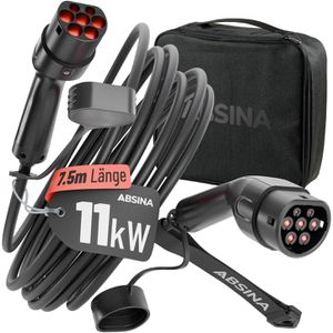 Absina Elektroauto-Ladekabel Mode 3, IP65, 7,5 m, Typ 2 zu Typ 2, 3-phasig, 16 A, 11 kW