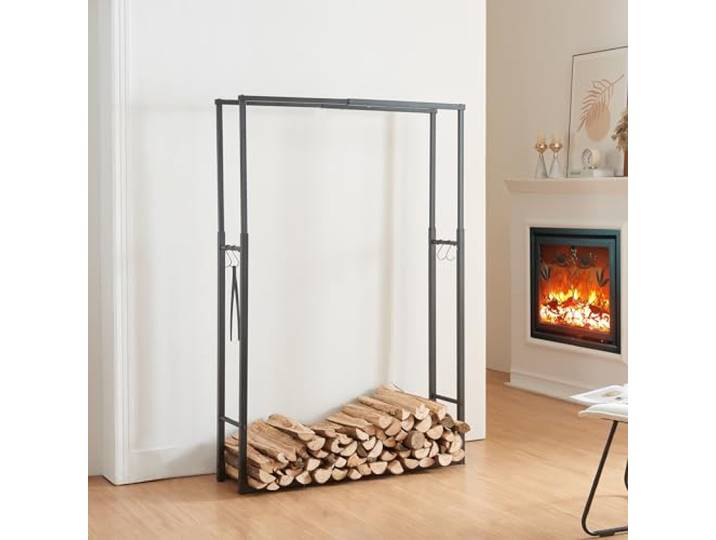 [en.casa] Kaminholzregal Kasan Verstellbarer Feuerholzständer Holzlager aus Stahl Brennholzregal Holzunterstand mit Haken für Werkzeuge Außen & Innen Schwarz H100-150xB40-65xT25cm