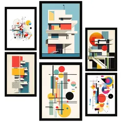 POSTER Set Mit 6 Bauhaus Dekonstruierte Architektur A3 & A4 Schwarzer Rahmen