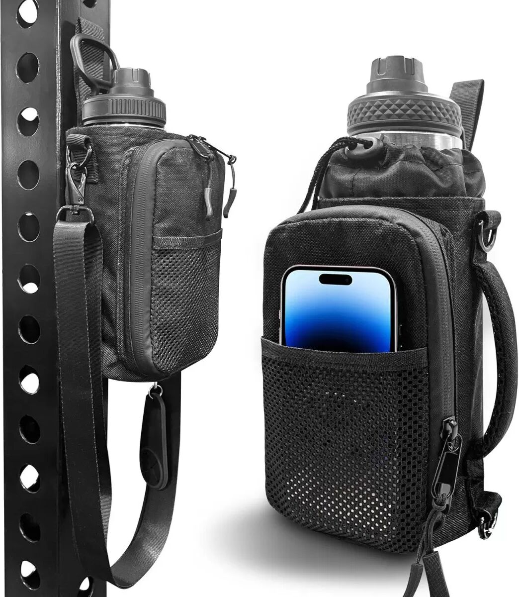 INF Magnetische Fitness-Wasserflaschentasche mit Telefonfach – Schwarz Polyester Ein-Schulter-Sling