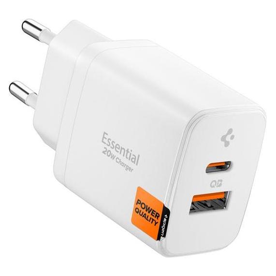 Spigen - Wall Charger Essential (EE202EU) - USB, Type-C, Fast Charging, Quantum Boost, 20W - White (20 W, 2 Ports) (ACH08704)