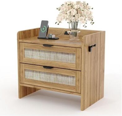 Garvee Walnut Rattan 2-Drawer Nightstand with Type-C USB