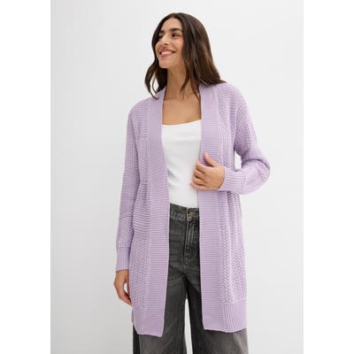 Longstrickjacke BONPRIX "Longstrickjacke", Damen, Gr. 36/38 (S), lila (zartflieder), Obermaterial: 50% Baumwolle, 50% Polyacryl, loose fit, Strickjacken Longstrickjacke, mit Strickmuster, lockere Passform, Loose Fit, casual Stil