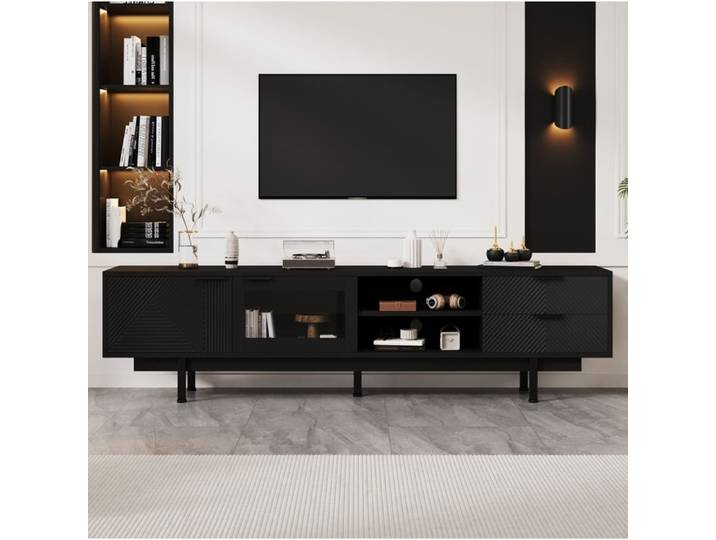 Meuble TV 200cm Noir 2 Portes 2 Tiroirs Banc TV Moderne FloraGrace Pour Salon Grand Rangement 200x40x50 5cm