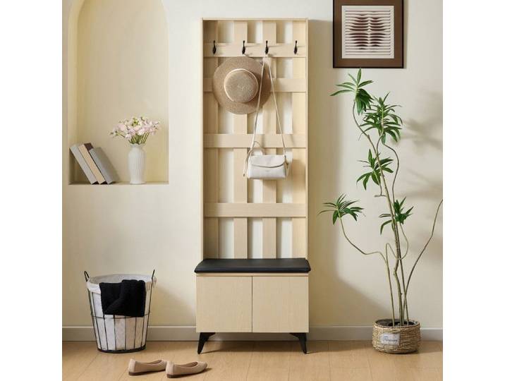 Vestiaire d'Entrée Portemanteau avec Banc - 60x35x179.5cm - Meuble à Chaussures 2 Portes - Bois
