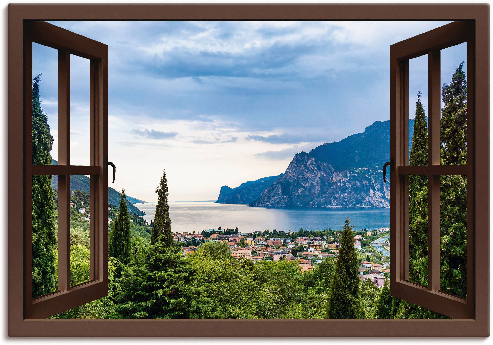 Wandbild ARTLAND "Gardasee durchs braune Fenster", grün (farbe bild(er): grün), B:130cm H:90cm, Bilder, Wandbild, als Alubild, Leinwandbild in verschied. Grössen farbe bild(er): grün B/H/T: 130cm x 90cm, Leinwandbild Seebilder Querformat, 1 Stk.
