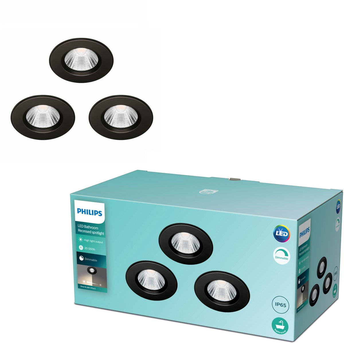 Philips Dive LED inbouwspot voor badkamer en keuken - zwart - 3 stuks