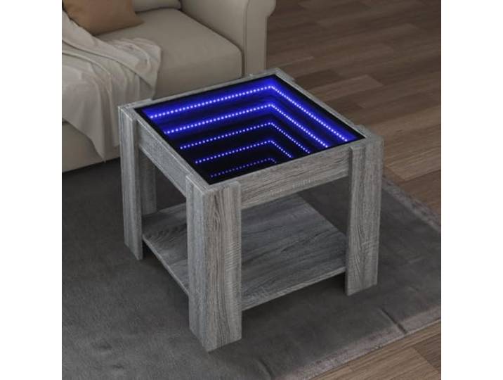 HEFZGDB LED Couchtisch Grau Sonoma 53x53x45 cm Holzwerkstoff mit Infinity Spiegel und RGB Beleuchtung für Wohnzimmer Beistelltisch Ablagetisch