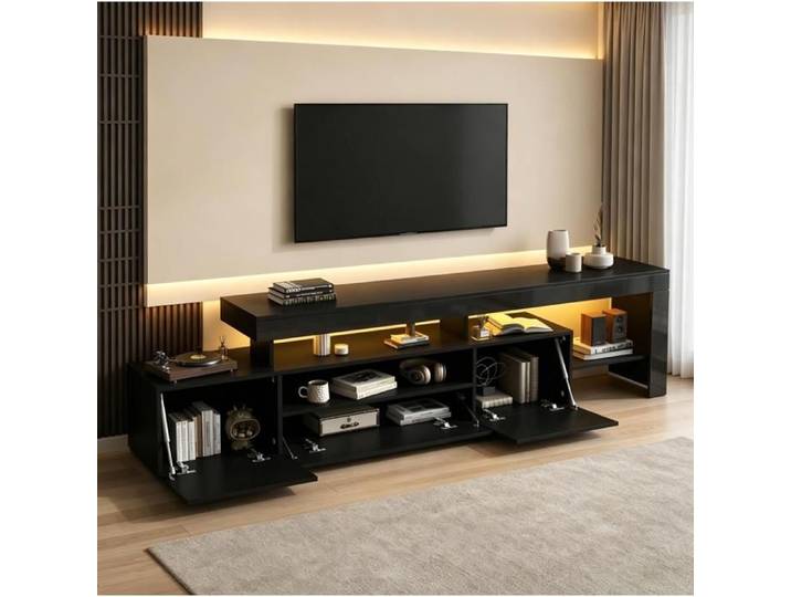 Meuble TV LED AESVAR 192 cm noir brillant 3 portes abattantes pour TV jusqu'à 85 pouces