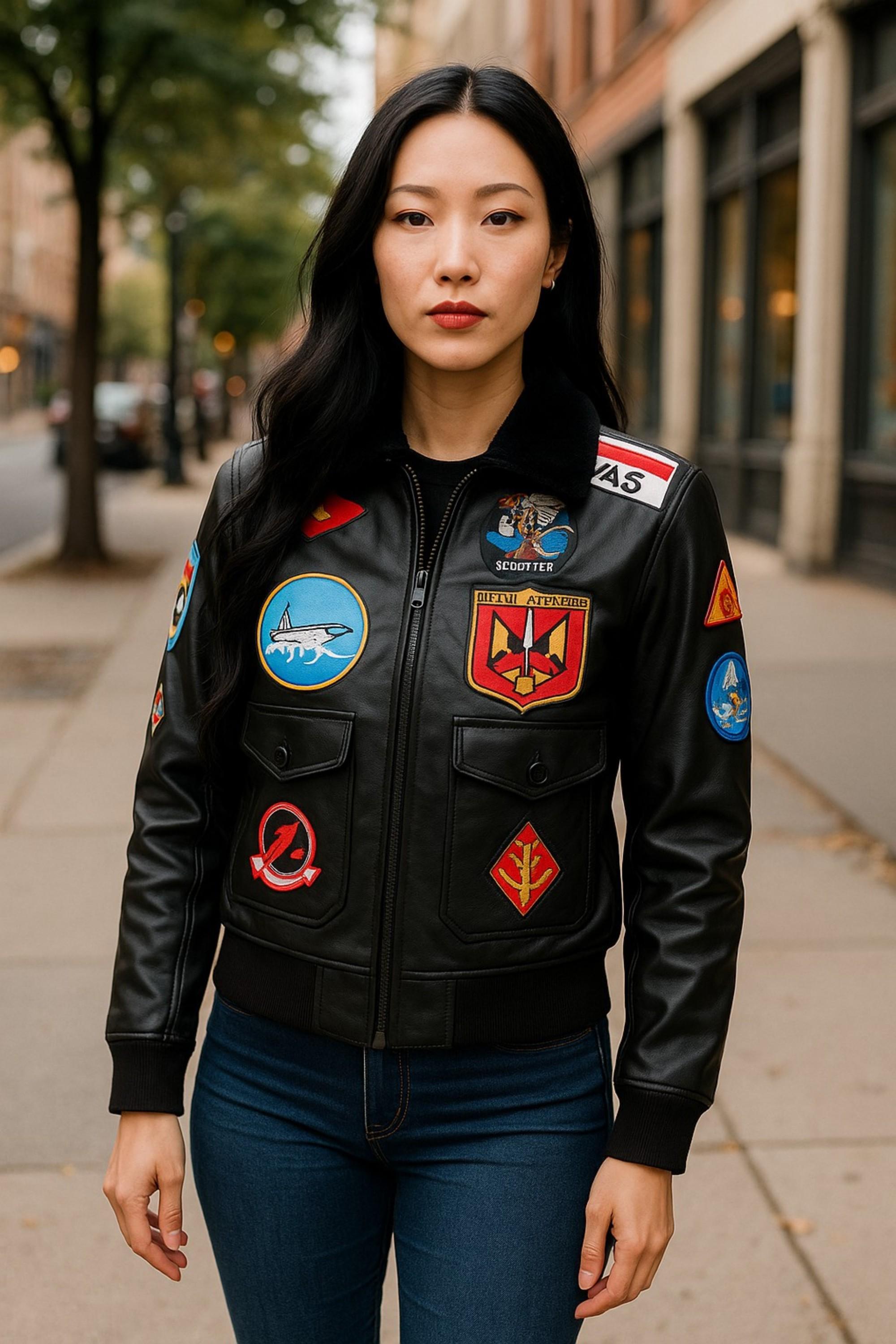 Schwarze A2 Top Gun Leder-Bomberjacke für Damen – Federn