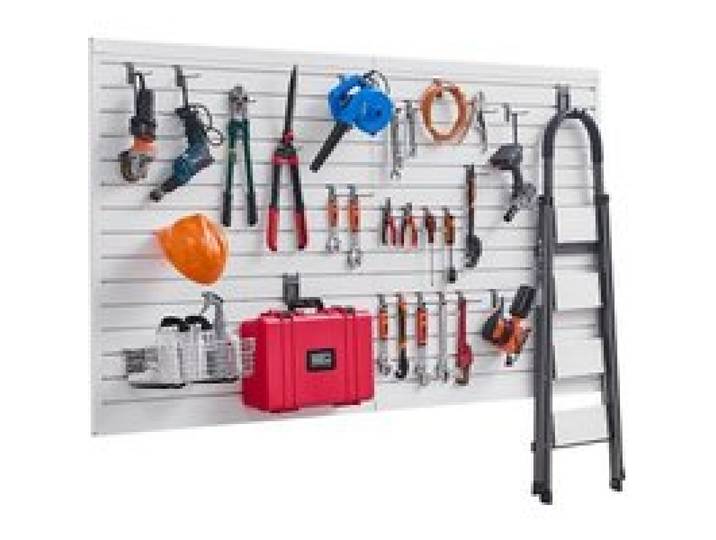 VEVOR Panneau à Lattes Mural Garage, 1225 x 2450 mm, Panneau Rangement Outils PVC avec Accessoires, Porte-outils Muraux avec Crochets pour Affichage, Organisation, Stockage, Atelier, Artisanal, Blanc
