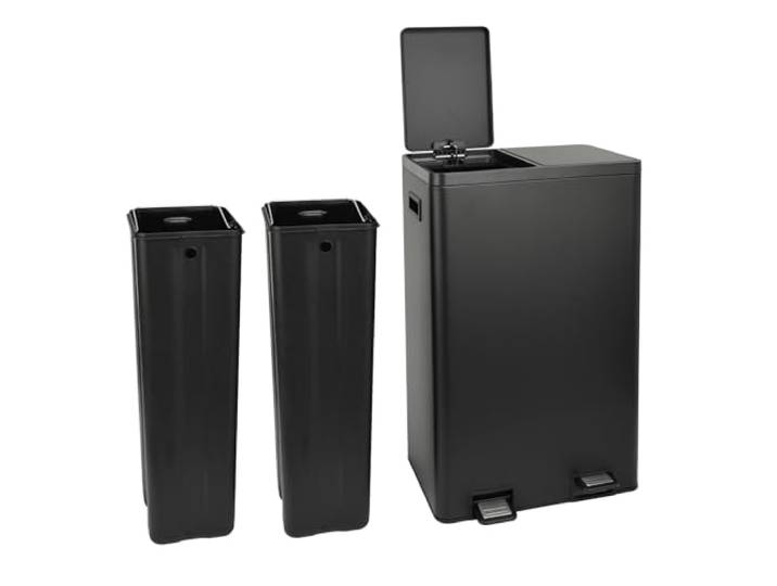 SVITA TMH2X30 Mülleimer 60L Mülltrennsystem 2 Fächer 2x15L Softclose-Deckel Pedal versteckbar Kunststoff Inneneimer Pulverbeschichteter Stahl Schwarz