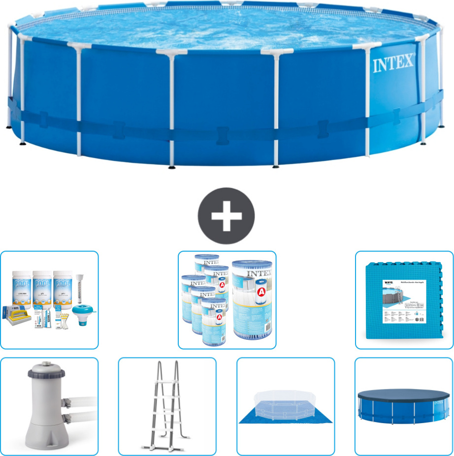 Intex Rundrahmen-Schwimmbecken - 457 x 122 cm - Blau - inklusive Pumpe - Leiter - Bodenplane - Abdeckung Wartungspaket - Filter - Bodenfliesen
