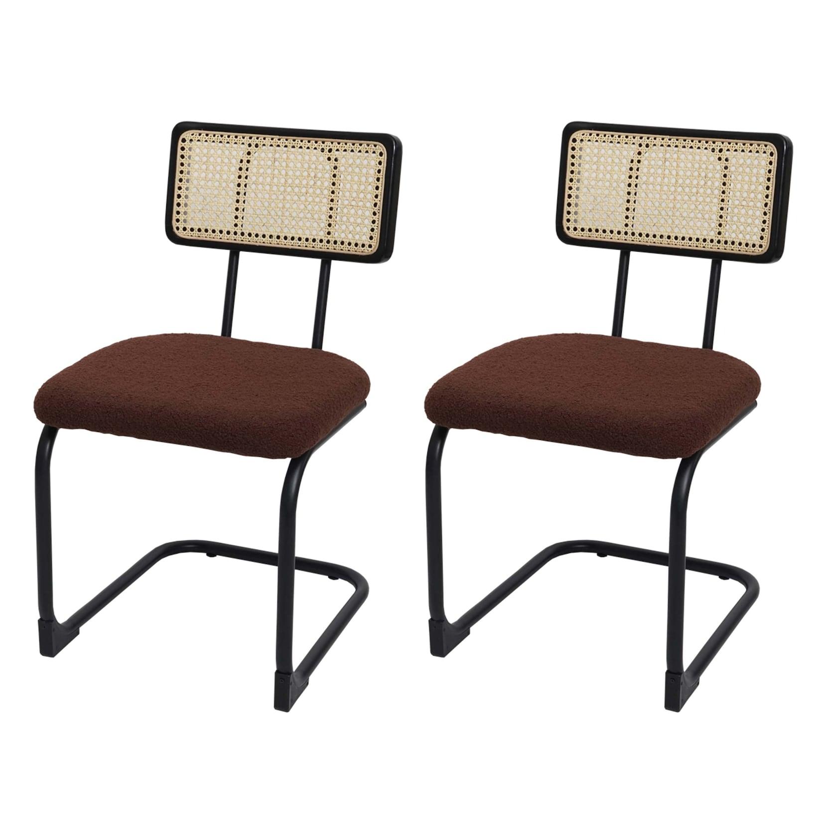 2er-Set Freischwinger-Stuhl MCW-K88, Stuhl Lehnstuhl, Holz Rattan Metall Bouclé ~ Stoff/Textil braun