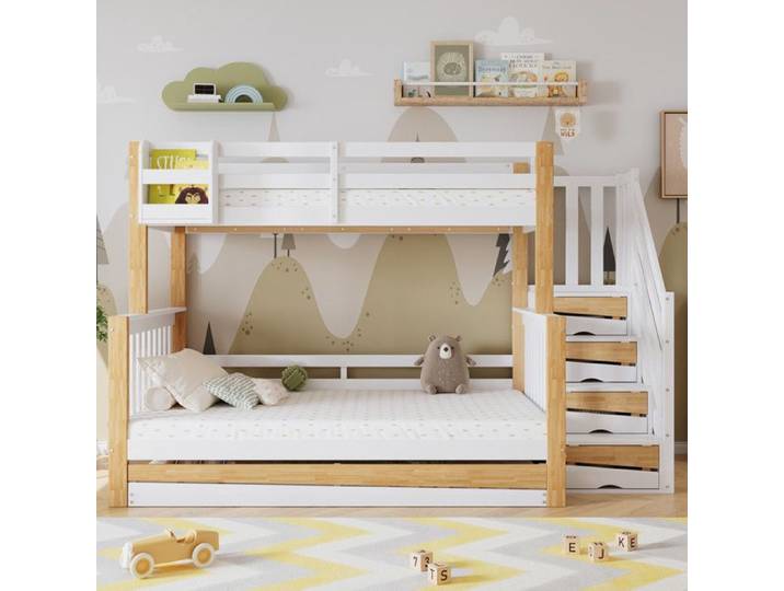 Lit superposé avec lit gigogne - 90x200 cm & 120x200 cm - Blanc + Naturel - Pin + MDF - Design peu encombrant