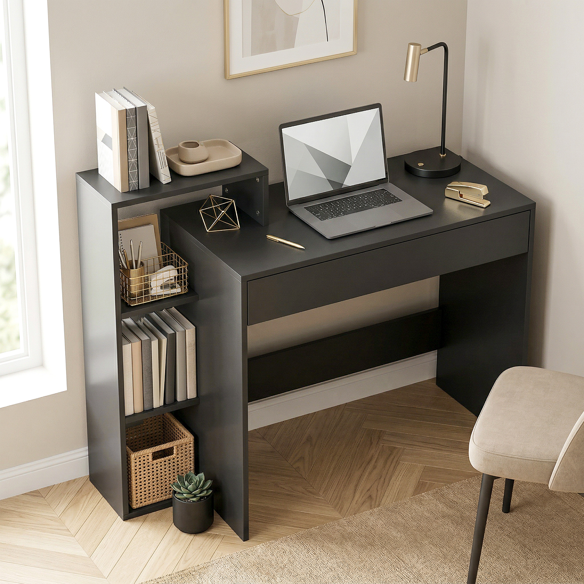 Homcom Scrivania PC Moderna con 3 Ripiani Aperti e Cassetto, in Legno Nero, 100x40x90 cm   Aosom Italy