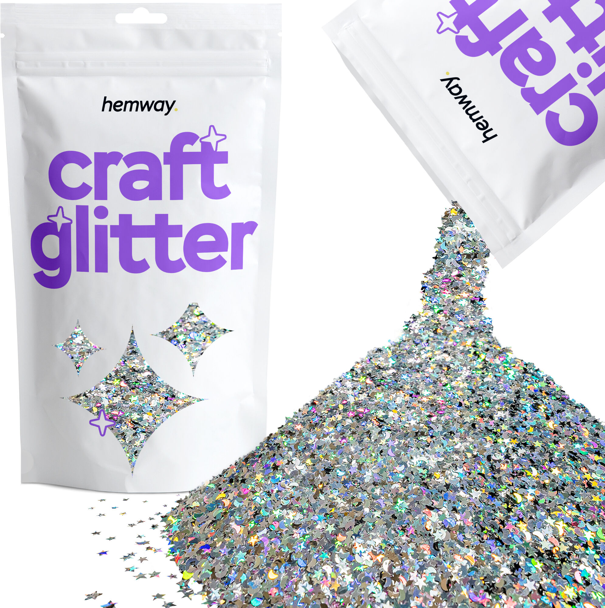 Hemway Craft Glitter 100g / 3.5oz   Silver Holographic Stars Moons   Epoxy Resin, DIY, Tumbler, Decoration - Silver Holographic Stars Moons - Shaped