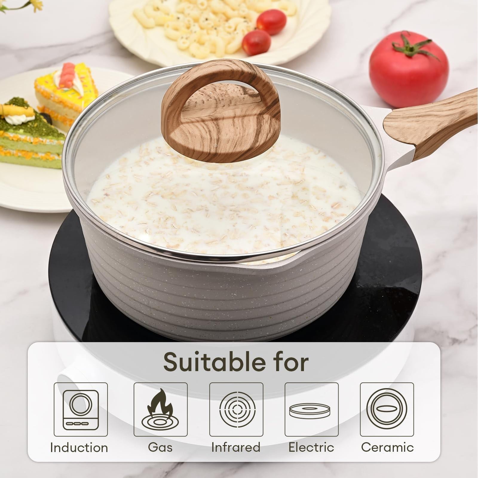 Merkloze Kookpan 18 cm - 2L Graniet Antiaanbakpan met Handgreep en Gietopening
