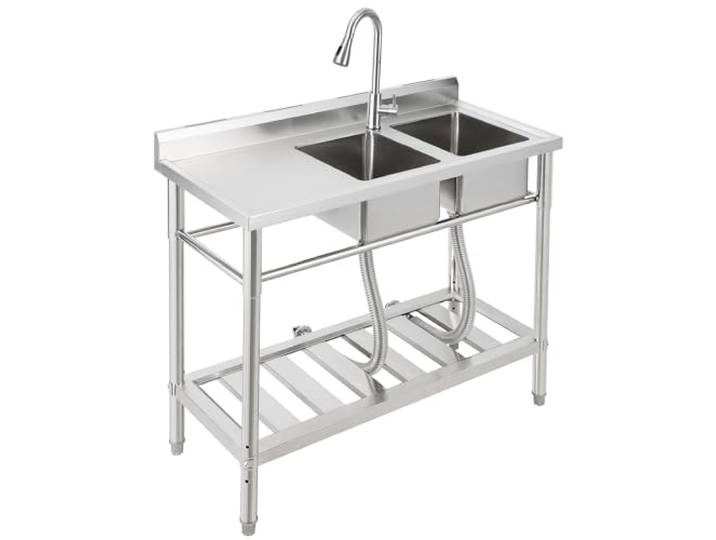 Edelstahl Spültisch 99×46×102CM, Freistehende Küchenspüle 1 Becken, Gewerbliche Spülbecken Mit Wasserhahn Kalt Und Warmwasserschläuchen, Für Waschküche Outdoorküche Gastro Geschäft Restaurant