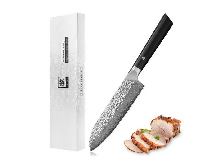 ZAYIKO Santokumesser KURO Küchenmesser17cm Klinge mit Hammerschlag Pakaholzgriff, Damaststahl, VG10-Kern, Hammerschlag