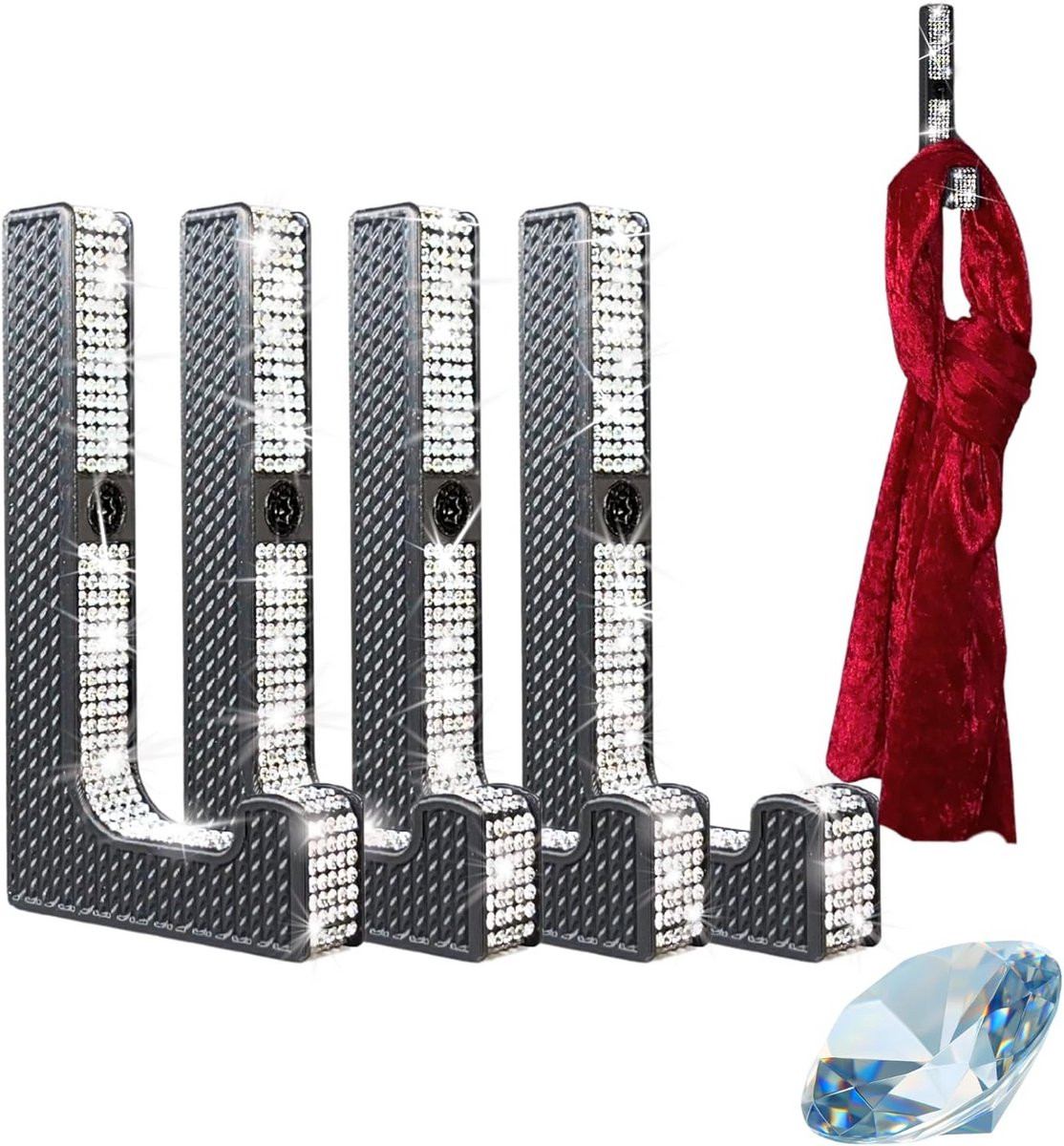 Set van 4 luxe garderobehaken met strass decoratie - Zwart/Zilver