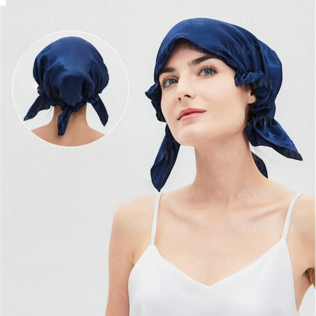 INF Dünne Seiden-Schlafhaube – Weiche, atmungsaktive Schlafkappe mit elastischem Band für Haarschutz und Wärme Navy blau