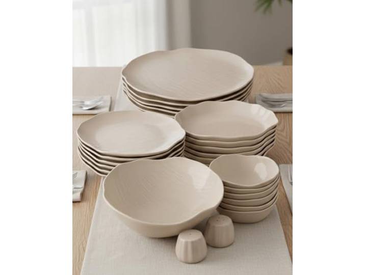 BAVARY Cermico Keramik-Geschirrset 27-tlg., 6 Personen, Beige, Wellenrand Tafelservice im Scandi-Look, Teller, Schalen, Salatschüssel, Salz- & Pfefferstreuer, spülmaschinen- & mikrowellengeeignet