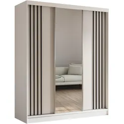 KLEIDERSCHRANK mit Spiegel-Schiebetüren und Aluminium-Leisten, LED-Beleuchtung - NALLA - 180 cm Weiß+Weiß+Schwarz