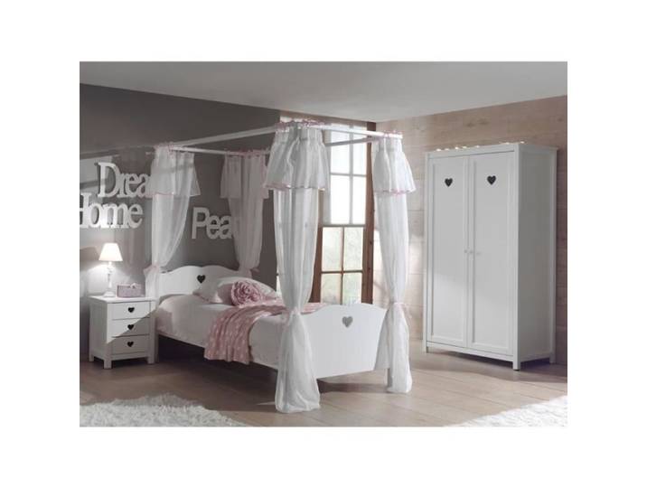 Pack - Lit à Baldaquin Enfant Chevet Armoire & Voile  Amori  Blanc