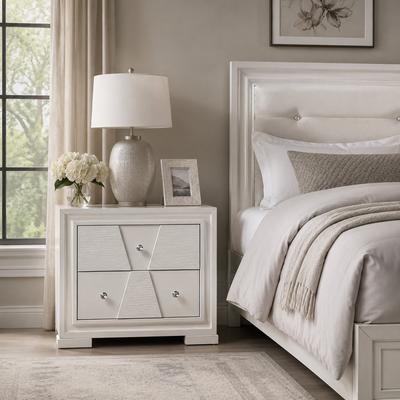 Benjara Bedside Nightstand, 2 Drawer, White Zig Zag Front, Acrylic Knobs