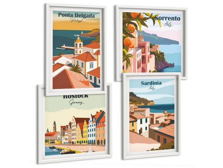 BILDER SET 4er Set - 50x50 cm & 40x60 cm Weißer Rahmen - Ansichten europäischer Häfen