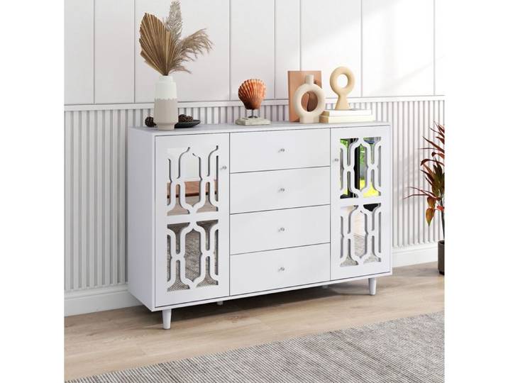 MEULVA Buffet haut 147 5 x 40 x 102 cm 2 portes 4 tiroirs MDF blanc effet miroir
