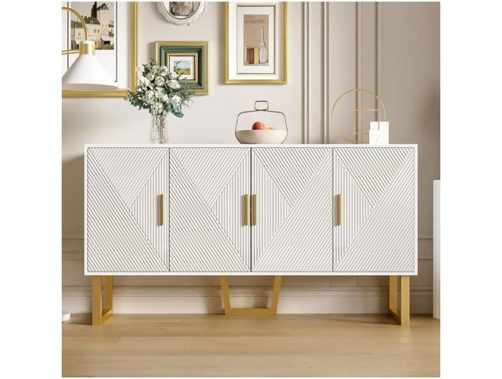 ROVRYN Buffet bas 150 cm blanc brillant 4 portes texturées étagères réglables et poignées dorées