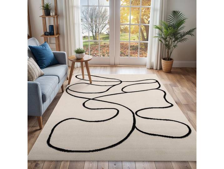 LIVABLISS Tapis de Salon à Poils Courts Doux Scandinave Bohème LYLOU 130x170cm Blanc/Noir