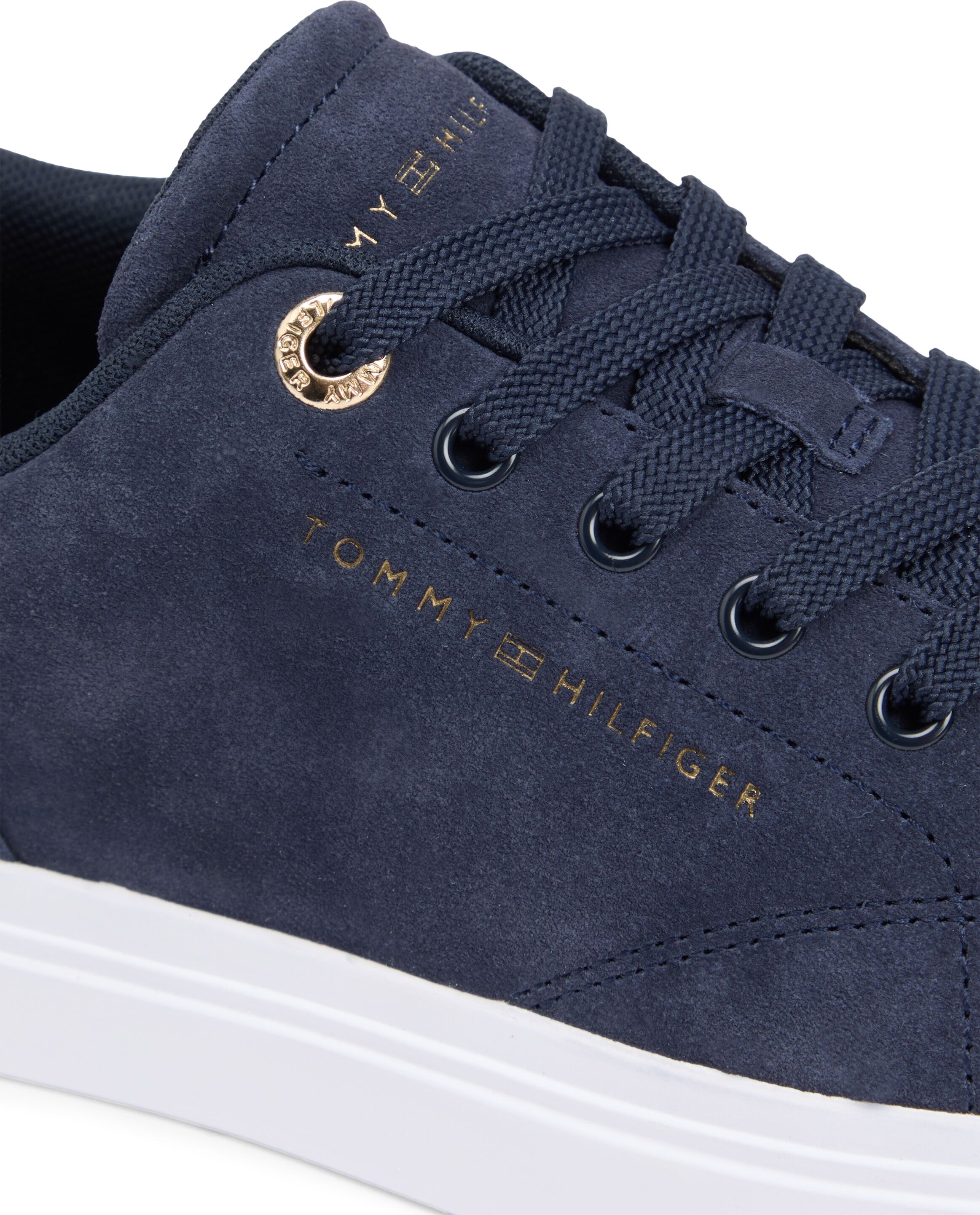 Plateausneaker TOMMY HILFIGER "TH FEMININE CUPSOLE SUEDE", Damen, Gr. 35, Textil, dunkelblau, Veloursleder, aufgeraut, unifarben, Schuhe Plateausneaker, Freizeitschuh, Halbschuh, Schnürer mit Logoschriftzügen