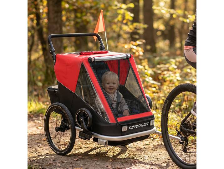 AIYAPLAY Remorque Vélo 2 Places Pliable Siège Harnais Rouge