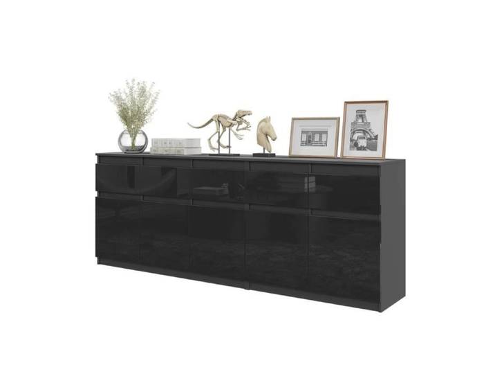 Commode NOAH - 5 Tiroirs et 5 Portes - H75 cm x L200 cm x P35 cm (Anthracite / Noir Brillant)