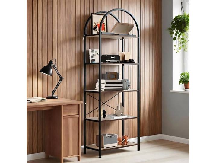 JoyGarden Bibliothèque arquée 5 niveaux structure métallique 60x28x180 cm pour bureau chambre ou salon Cadre noir +panneau brown