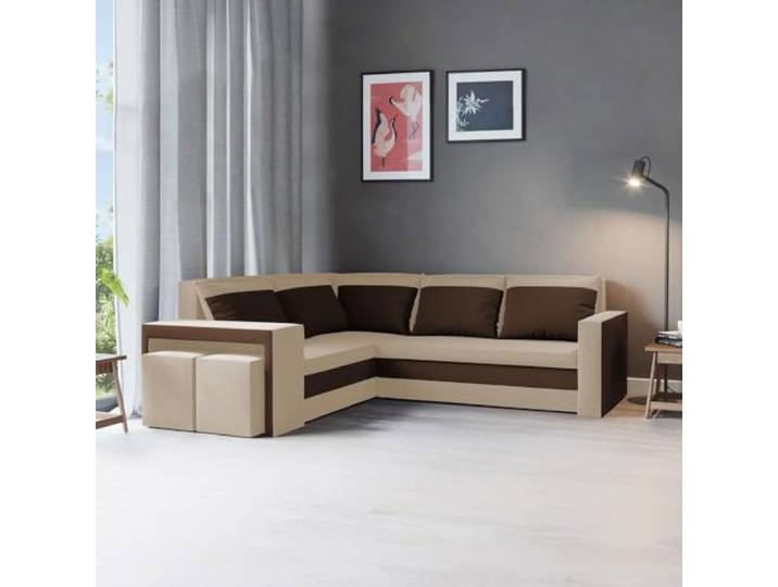 FORNIRO 24 Kris L Ecksofa Beige-Braun Wohnzimmer Couch Schlafsofa Modern Mit Schlaffunktion & Bettkasten - L-Form - Kissen - Hocker - Stoff Komfort ausziehbar Gäste bequem Stauraum Design Eckcouch