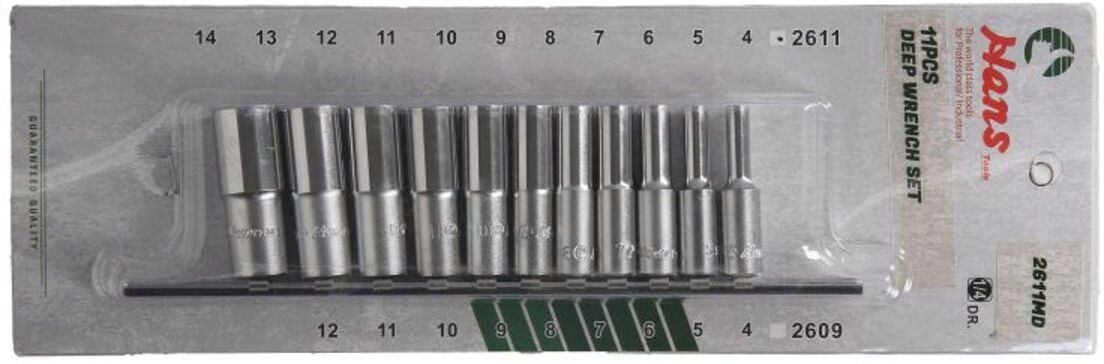 Hans Set di bussole 1/4 pollici 6-kant 11 Pezzo (4 mm 14 mm) lang