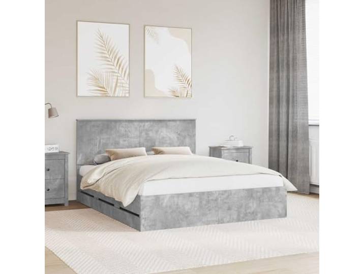 RJPLMFV Bettgestell, 160 x 200 cm, Grau, Beton, Holz, Technik Freistehend, inkl. Latten, Schubladen, versteckte Aufbewahrung, einfache Reinigung