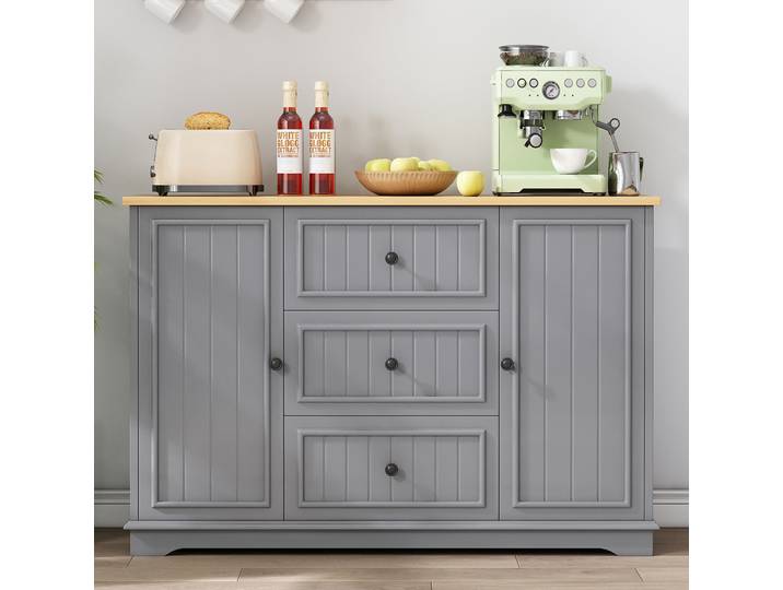 Buffet 126x40x86 Cm Gris En Mdf Avec 3 Tiroirs Et Portes\, Rangement Modulable Pour Salle À Manger Et Cuisine