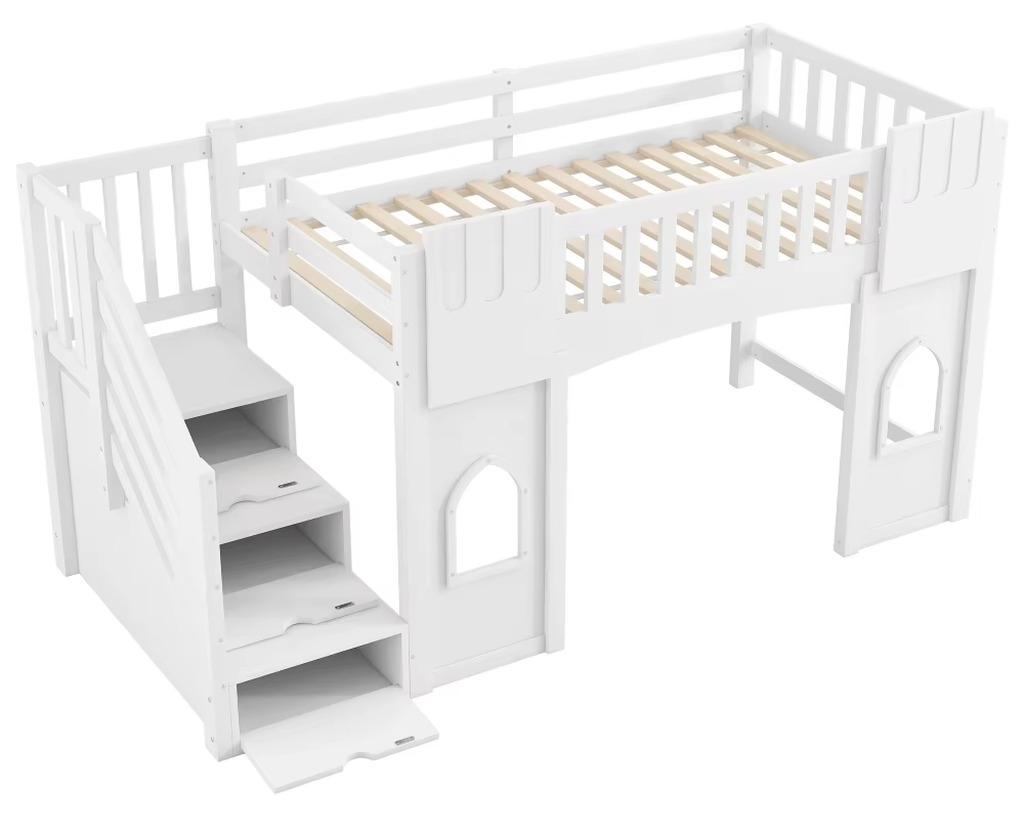 Hochbett - Platzsparendes Bett - 90 x 200 cm - Stauraumtreppe - Fensterdesign - Weiß