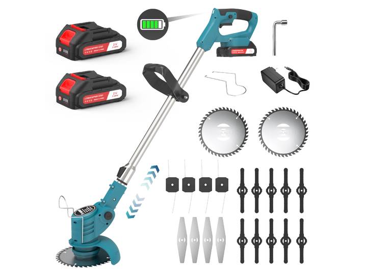 Désherbeur sans fil 21V, coupe-bordures électrique et tondeuse à fil, désherbeur pliable avec 4 types de lames pour jardin et cour