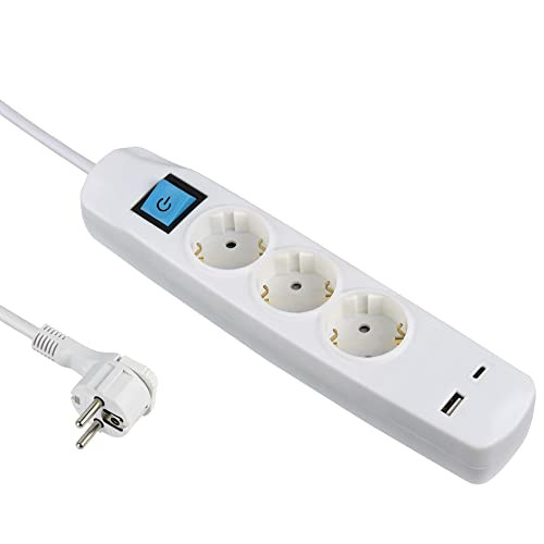 Electraline 62162 stekkerdoos met 3 Schuko-stopcontacten, schakelaar en 2 USB-poorten (3.4A, 17W), kabel 1.5M