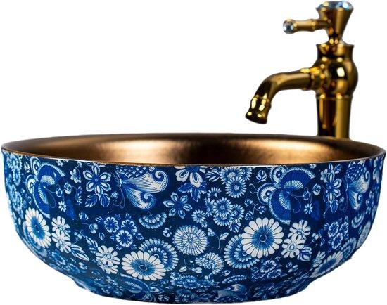 Famanu Ronde Keramische Aufsatzwaschbecken mit blauer und weißer Dekoration - 42 cm Durchmesser