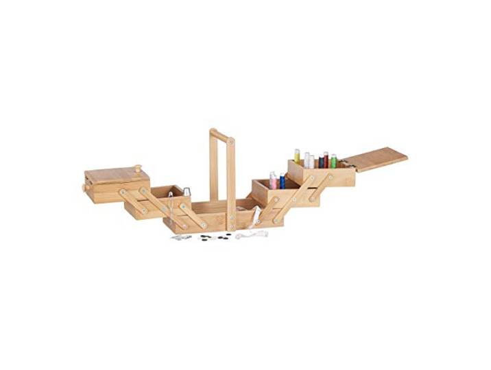 Relaxdays 10022204 Petite Boîte à Ouvrage Bambou Coffret Couture Travailleuse sans Contenu Corbeille Couvercle 20x27x15cm\, Nature