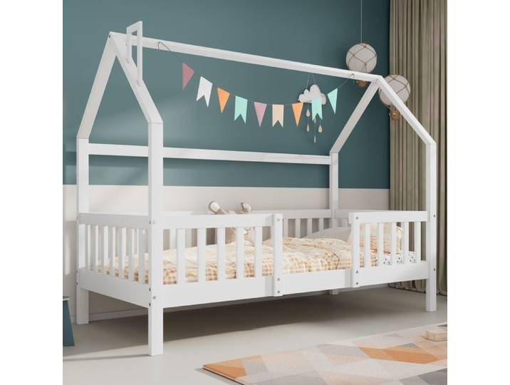 Lit cabane pour enfants 90x200 cm cheminée sommier à lattes robuste lit cabane en bois de pin pour enfants sans matelas blanc